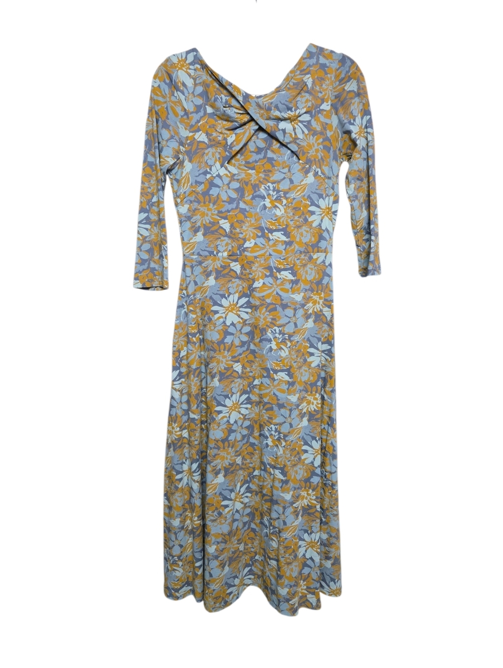 Pact Scarlett Open-Back Midi Dress Mustard Yellow & Blue Floral Pattern Sz M - Picture 3 of 9